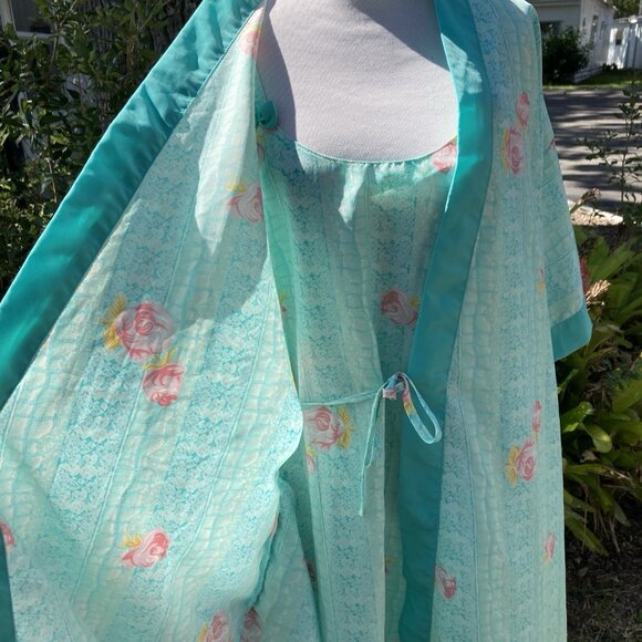 Contessa Di Roma Floral Peignior GOWN & Kimono ROBE 2pc Lot Satin Set Sz M Read - Picture 1 of 14